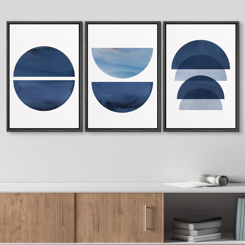 Bleu, demi-cercle, variété géométrique, formes géométriques, art numérique moderne bohème, 3 pièces, Cadre flottant noir