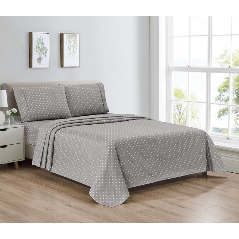 Ensemble de draps à imprimé égyptien 1800 fils 4 pièces, Ensemble de draps pour lit double + un drap-housse, Gris, À pois