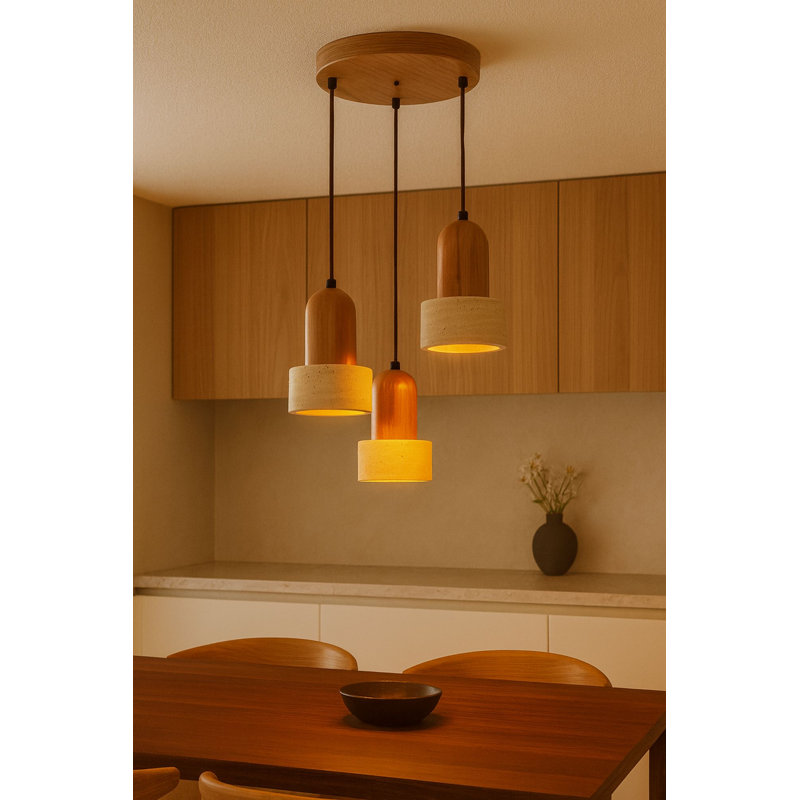 Lustre réglable élégant avec structure en placage de bois, finition beige et chêne | Capuchon en travertin de diamètre 12 po x 7,5 po | Hauteur: 9,4 à 60,6 po | 3 x douilles E27 (ampoule non incluse) | Parfait pour les salles à manger et les espaces de vie