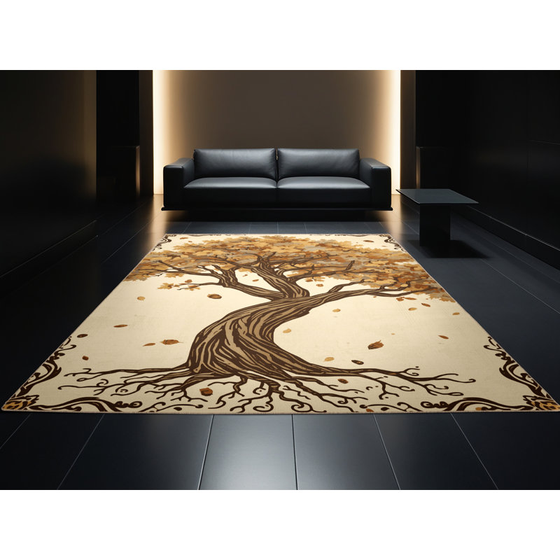 Machine Washable Ortencia Oak Tree Country Rustic Vintage Look Rug in Beige – Beige Binding, 8x10