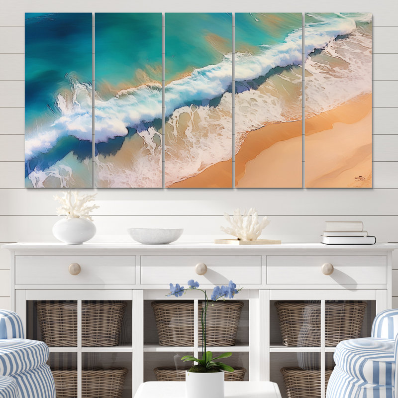 Aérien Viewtropical Turquoise Wave Breaking II - plage, reproduction sur toile - 5 panneaux égaux