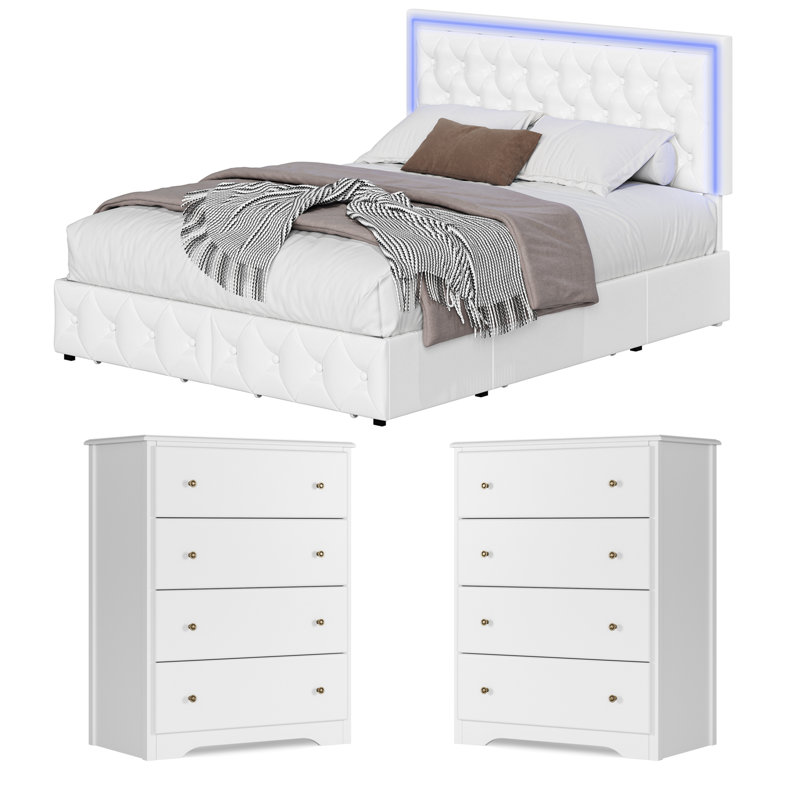 Ensemble de chambre à coucher 3 pièces Lazelle, lit de rangement moderne avec lumières DEL et 2 commodes, cadre de lit plateforme avec tiroirs sous le lit, tête de lit tapissier en polyuréthane, commodes anti-basculement, imperméable et facile à ne