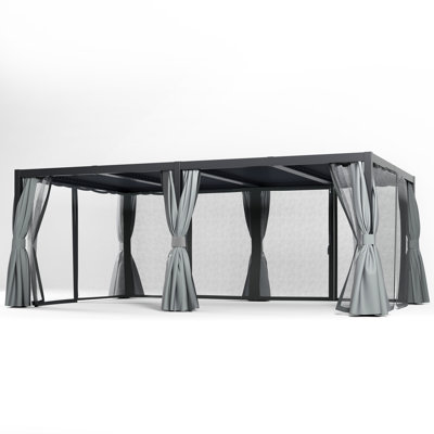 FLIZE 12' x 20' Black Louvered Pergola with Privacy Curtains and Mosquito Netting