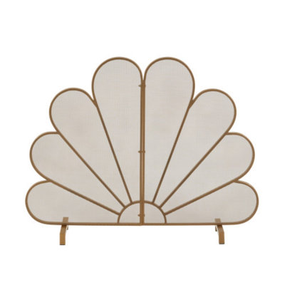 Pare-étincelles en forme d'éventail, motif paon doré, 2 panneaux, autoportant, en maille métallique, barrière décorative en fer avec base stable, 104 cm (L) x 84 cm (H)