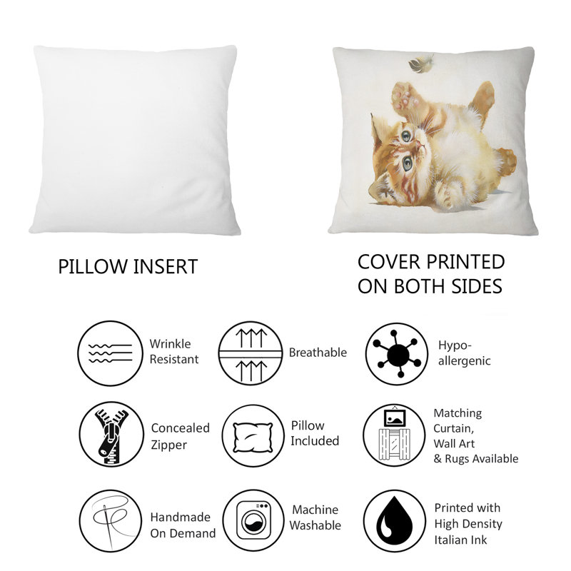Petit chaton orange avec plume - coussin décoratif traditionnel imprimé