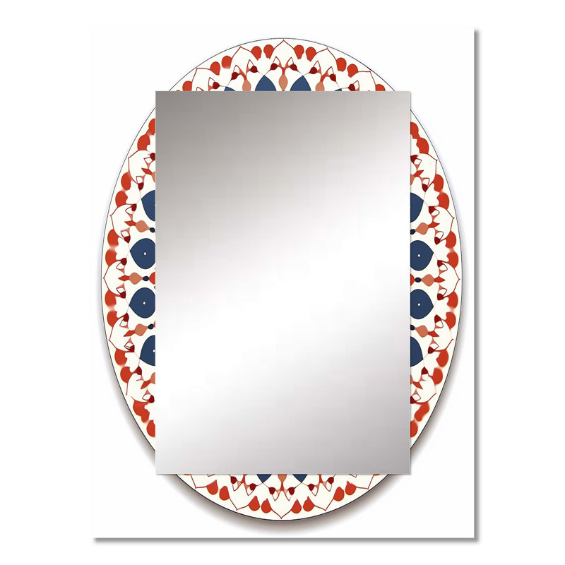 Boho Mandala In Retro Blue And Orange III - Boho Mandala Decorative Mirror, Traditional Large Wall Mirror, Printed Metal Art