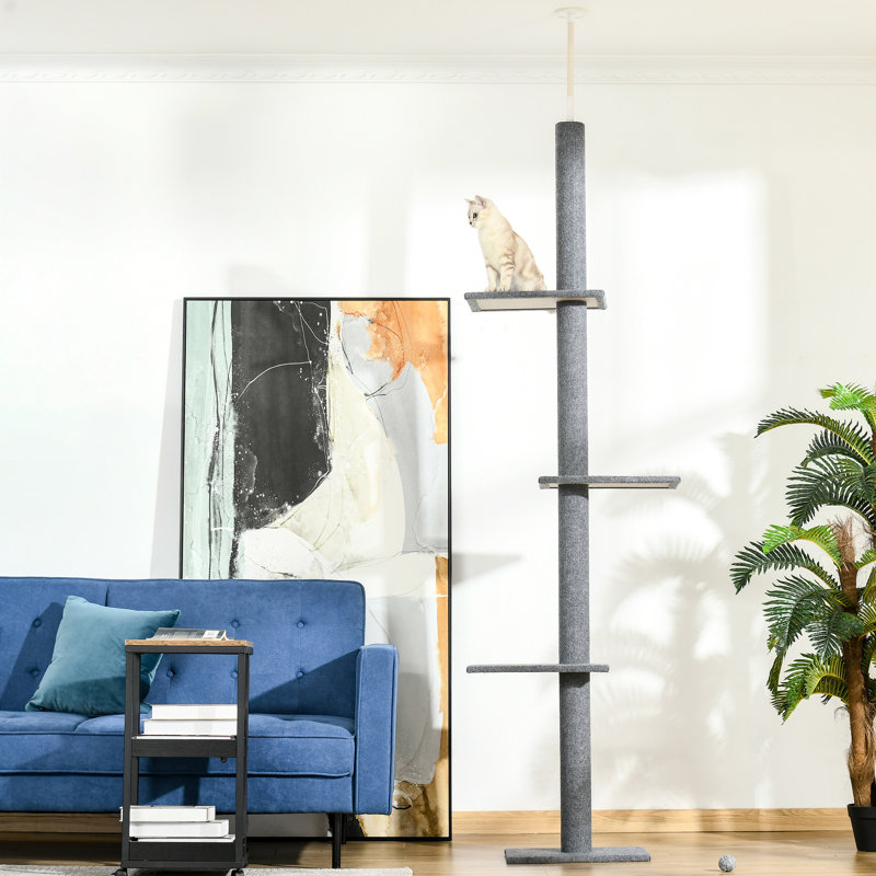 Arbre à chat de 8,5 pi de hauteur, plancher-plafond réglable avec poteaux à griffer et plateformes confortables pour les activités de chaton, structure d'escalade grise, chatons de tringle sécurisés