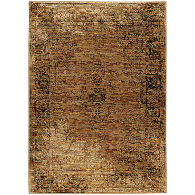 Tapis doré / brun en polypropylène tissé à la machine Tuma, Rectangle 8 pi 6 po x 11 pi 7 po