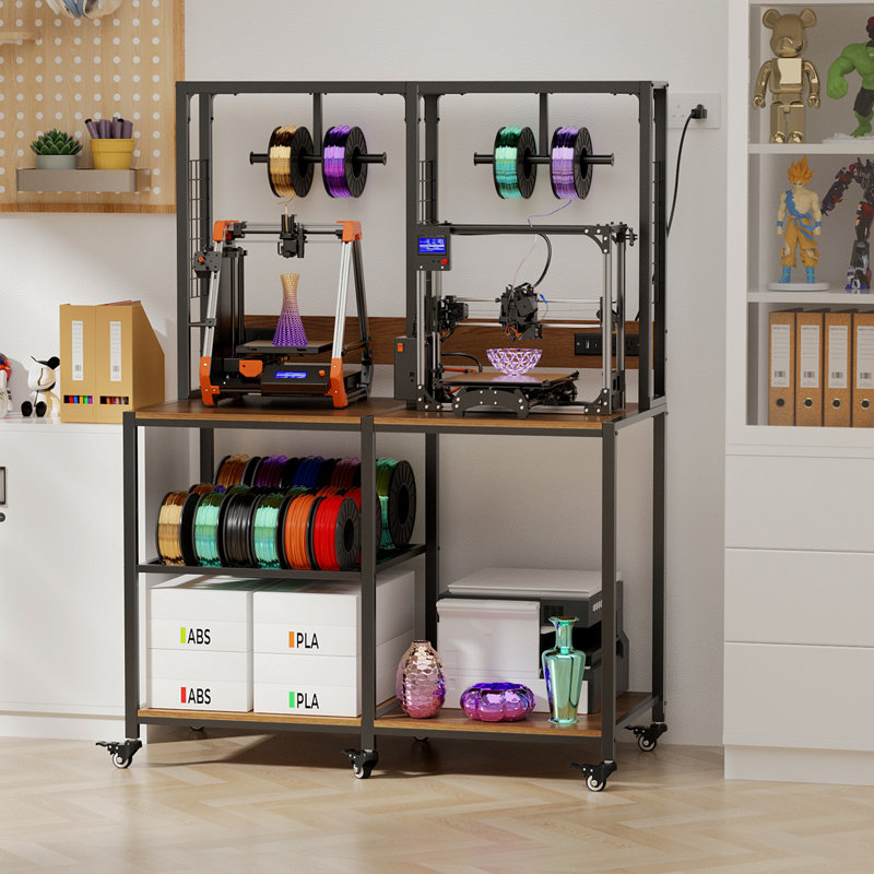 Double support pour imprimante 3D avec rangement pour filament, banc de travail double pour imprimante 3D à cadre en métal robuste, porte-filament de type T, roues verrouillables, support d'imprimante mobile ou fixe pour la maison et l'atelier