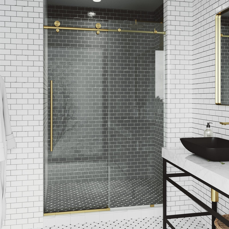 Porte de douche coulissante sans cadre Elan E-Class l 44-48 "x H 76" avec verre transparent 3/8 ", Or brossé mat
