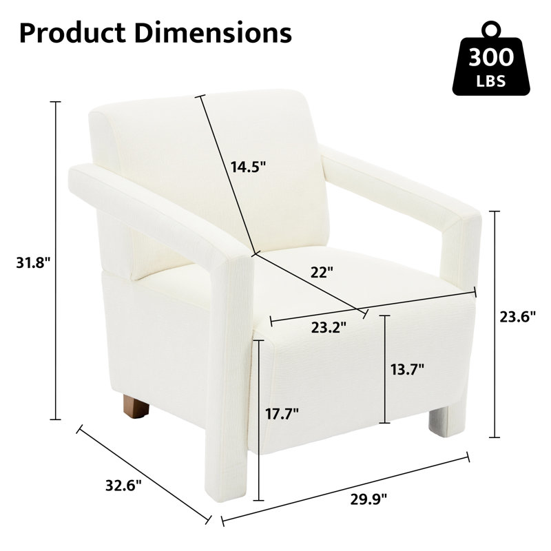 Fauteuil en chenille de 29,9 po de largeur avec structure en bois massif, Chenille blanche