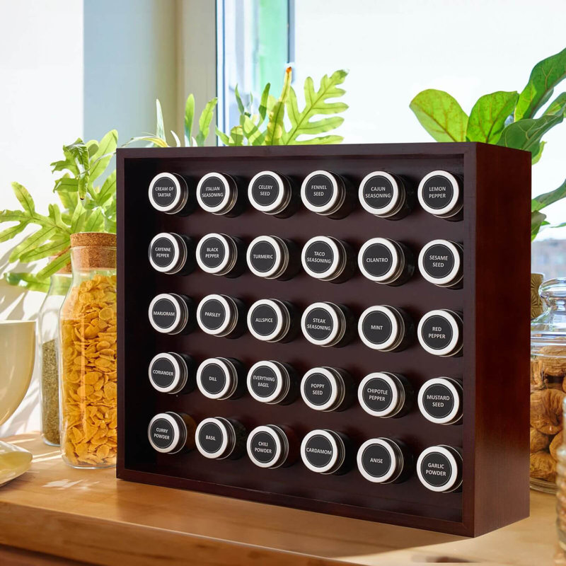     Complete Spice Rack Set with Mahogany Finish - includes 30 Glass Spice Jars, 80 Labels, 5 Measuring Spoons - Kitchen Organizer