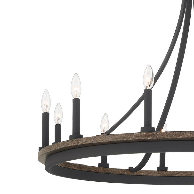 Marconi 12 - Light Living Room Steel Dimmable Candle Style Wagon Wheel Chandelier UL Certified, Weathered Walnut