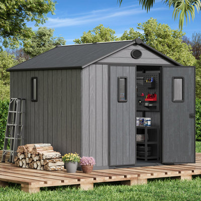Outdoor Storage Tool Shed With Door And Floor, Plastic Outdoor Storage Shed With Steel Frame, Grey