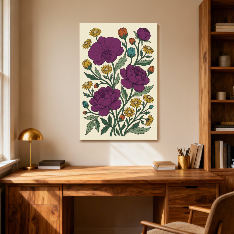 Plantes et fleurs Fleurs mauves Marguerites jaunes Feuilles vertes Bourgeons oranges, H 24 po x l 16 po