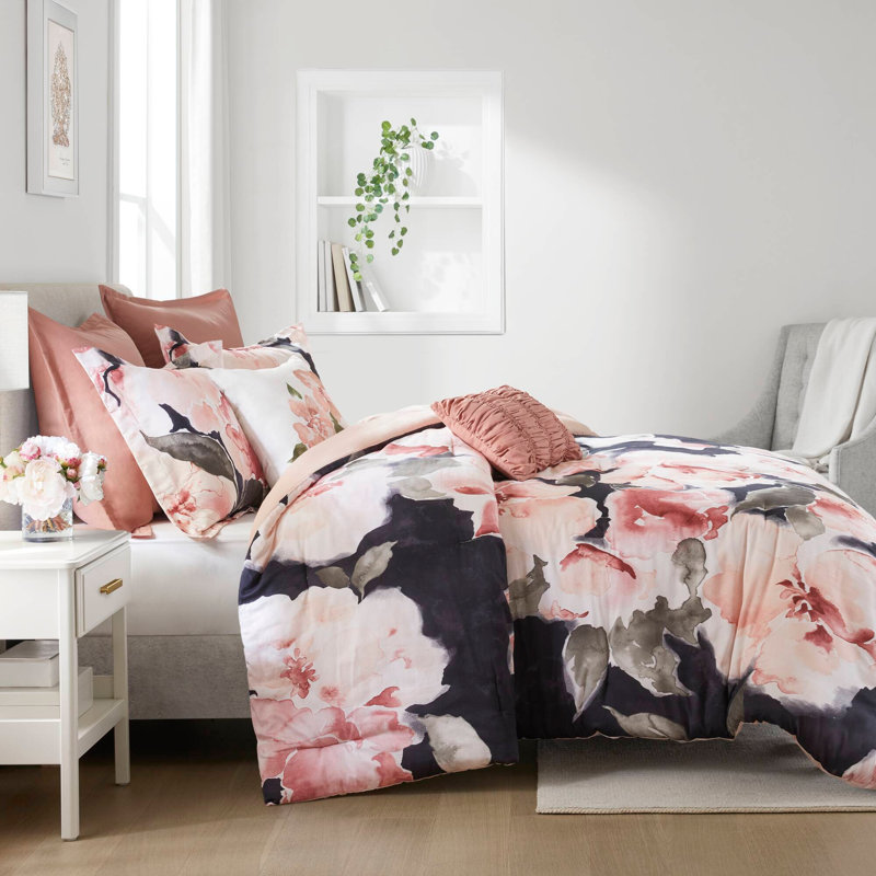 Ensemble d'édredon de style contemporain, Floral rosé, Édredon de très grande taille et 6 pièces suppl