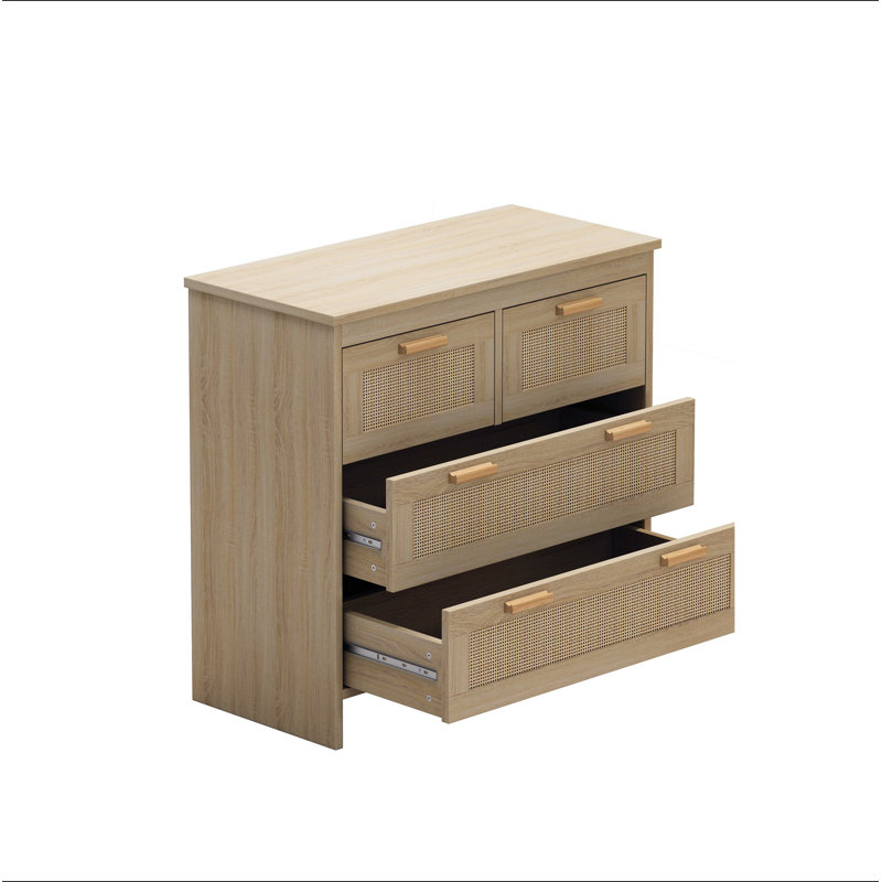 Armoire en rotin à 4 tiroirs avec dispositif anti-basculement - Ton de bois naturel, panneau de particules, pour le salon / la chambre / le couloir