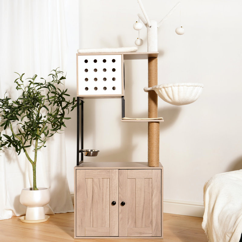 Arbre à chat à 3 niveaux avec bac à litière, gris moderne, avec poteaux à griffer, bol d'alimentation et boules détachables, disposition verticale intégrée peu encombrante, tapis amovibles