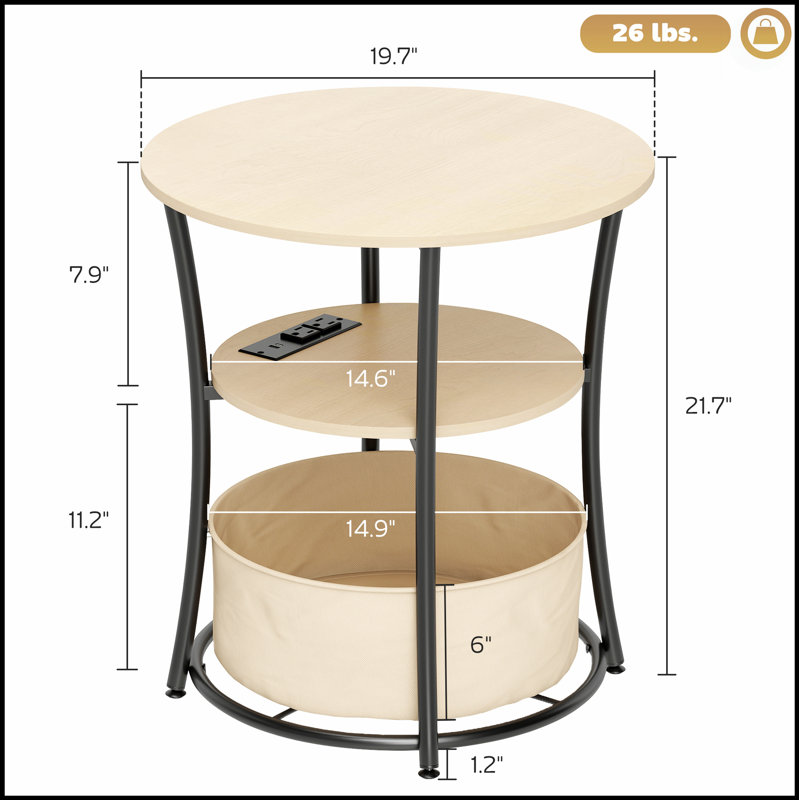 Table basse Table d'appoint ronde avec station de charge, table de bout à 3 niveaux avec sac de rangement en tissu et tablette