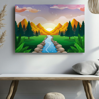 Canvas A Serene Landscape Featuring A Winding River Flowing Through A Wall Art Lush Valley Surrounded By Towering Evergreen Trees The Canvas Wall Art