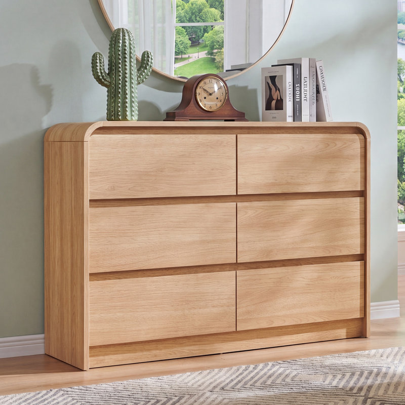 Maud Modern 6 Drawers Dresser for Bedroom, 47" Wide Wood Dressers & Chests of Drawers w/Curved Profile Design, Mid Century Modern Dresser w/Natural Texture for Bedroom, Living Room