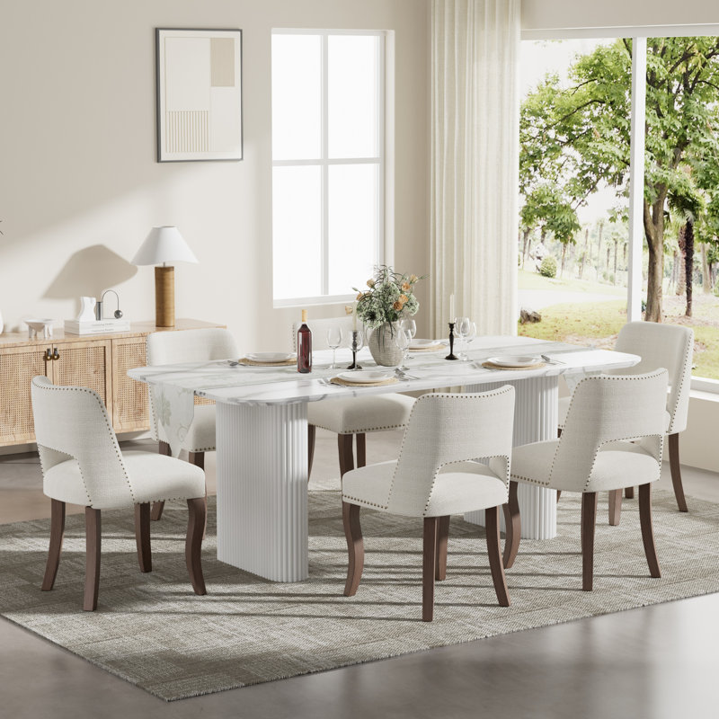 Ensemble de salle à manger rectangulaire moderne à double caisson avec chaise en bois Modern Farmhouse, Beige