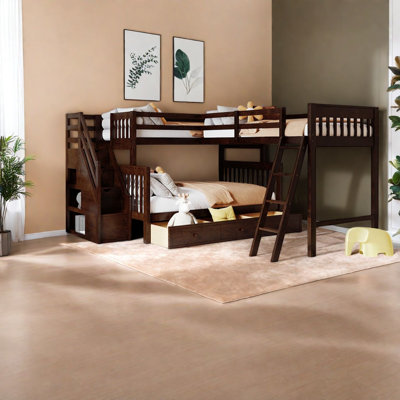 Lit simple en L en bois massif avec rangement et rangement