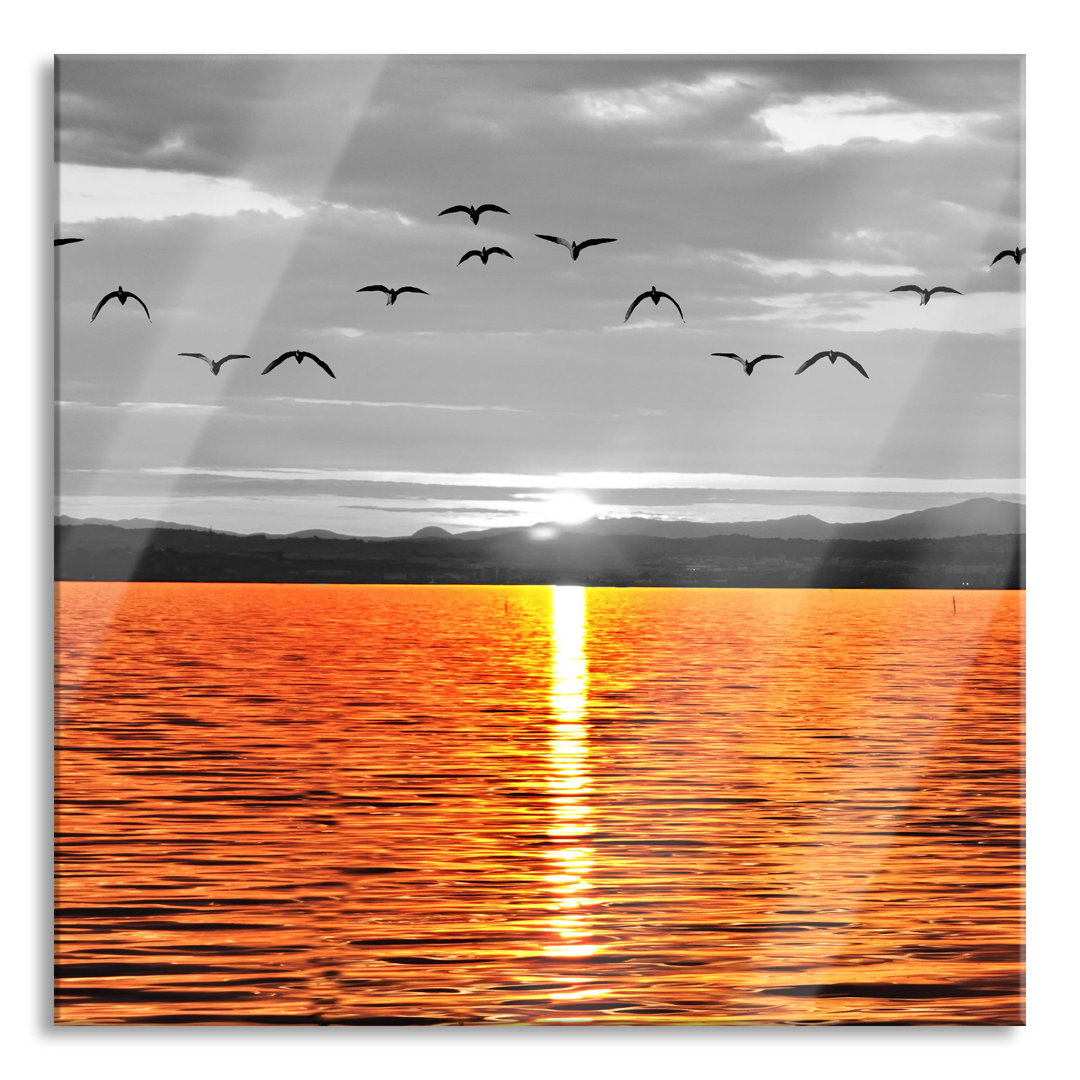 Glasbild Quadratisch  Wandbild Auf Echtglas  Ruhiger See Bei Sonnenuntergang  Aufhängung Und Abstandshalter LQ5145