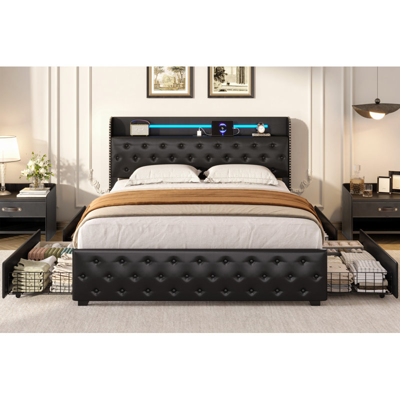 Upholstered Queen Platform Bed Frame with Charging Station, Led Lights & 4 Storage Drawer, Storage Bed with Upholstered Headboard, Under-Bed Storage, No Box Spring Needed, Easy Assembly, Strong Metal Support