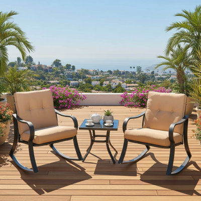 Brown Outdoor Leisure Three-Piece Table And Chair Set, Including Rocking Chair And Glass Tabletop, Thickened And Comfortable Seat Cushions, Sturdy And Durable Black Steel Frame.