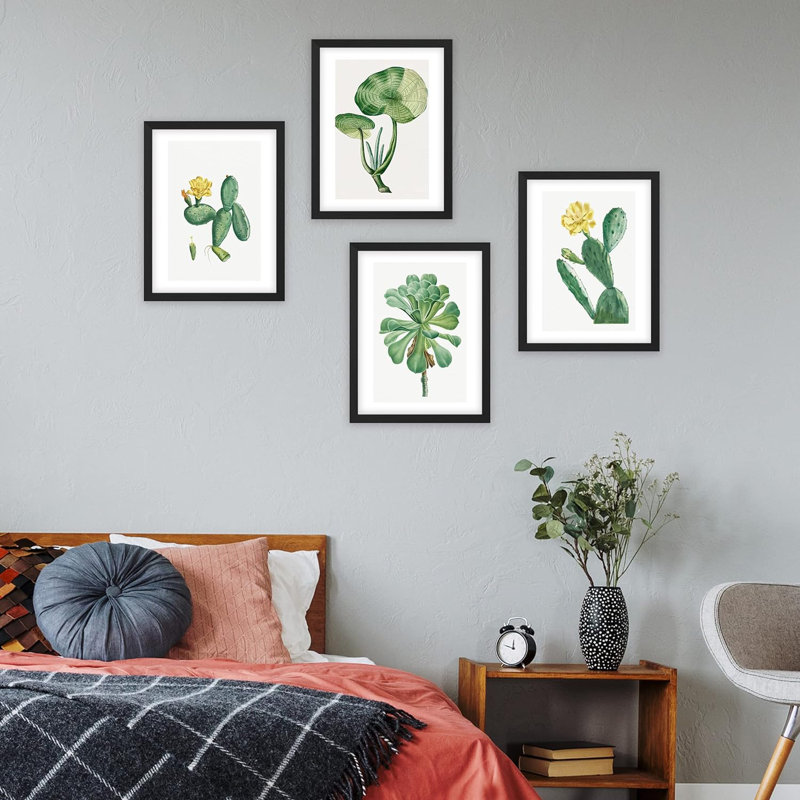 «Green Blooming Flower», ensemble de 4 fleurs de cactus du désert, impression murale encadrée sur papier, impression de 4 pièces