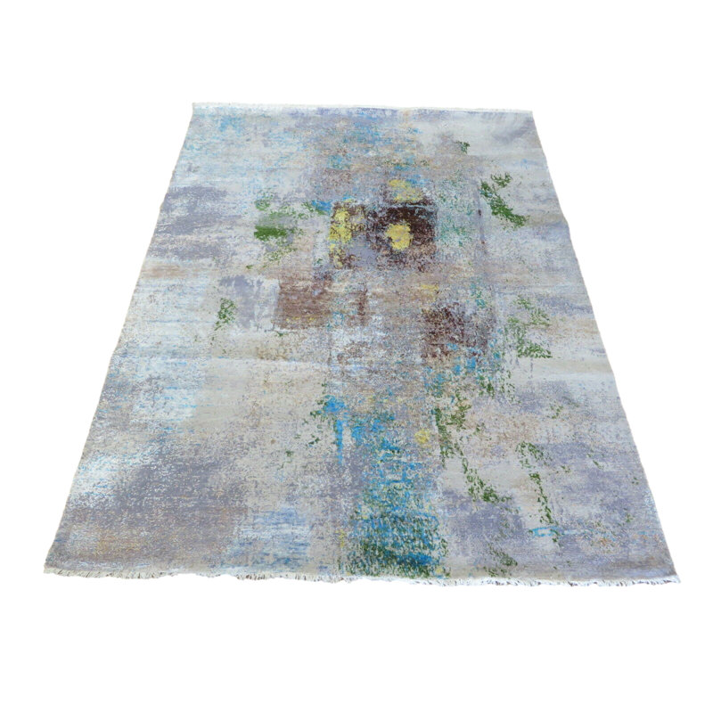 Tapis oriental moderne bleu / brun / jaune / lavande noué à la main avec motif abstrait en laine / soie
