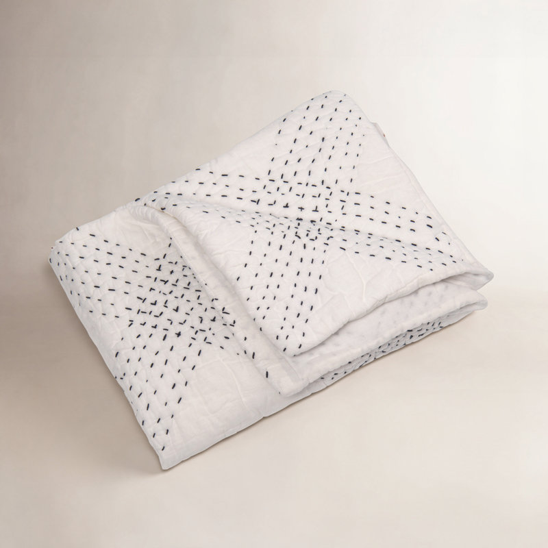Feba Hand Hooked Plaid Quilt - King, King Quilt, White/Indigo
