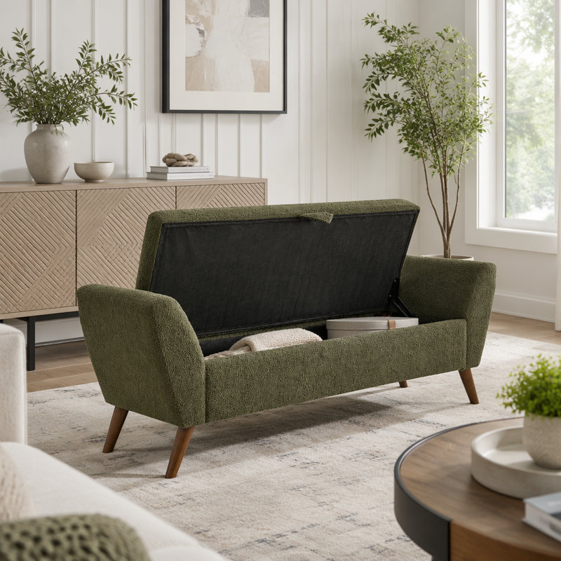 Banc de rangement moderne de 60 po avec pieds en bois Mid-Centruy, Vert olive