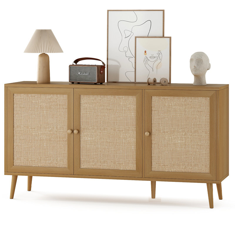 Buffet moderne avec 3 portes en rotin, console de rangement pour le vestibule ou le salon, Naturel