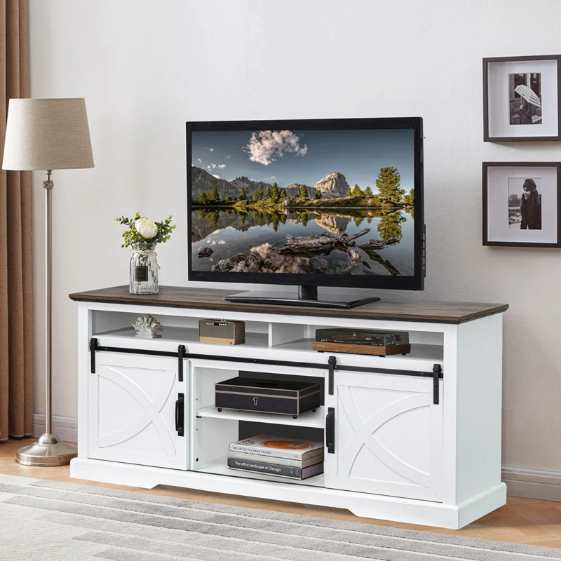 Oddvin 68" W Farmhouse TV Stand with Sliding Barn Doors , White