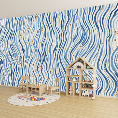 Papier peint abstrait à peler et coller abstrait à motif de texture abstraite bleu ondulé beige H 100 po x l 144 po, papier peint amovible en PVC pour chambre à coucher, bureau à domicile