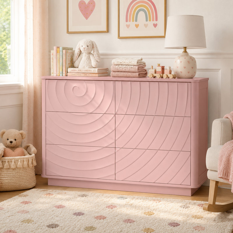 Commode 6 tiroirs Rundelle avec motif de grain en spirale 3D et conception ondulée sans poignée, Rose