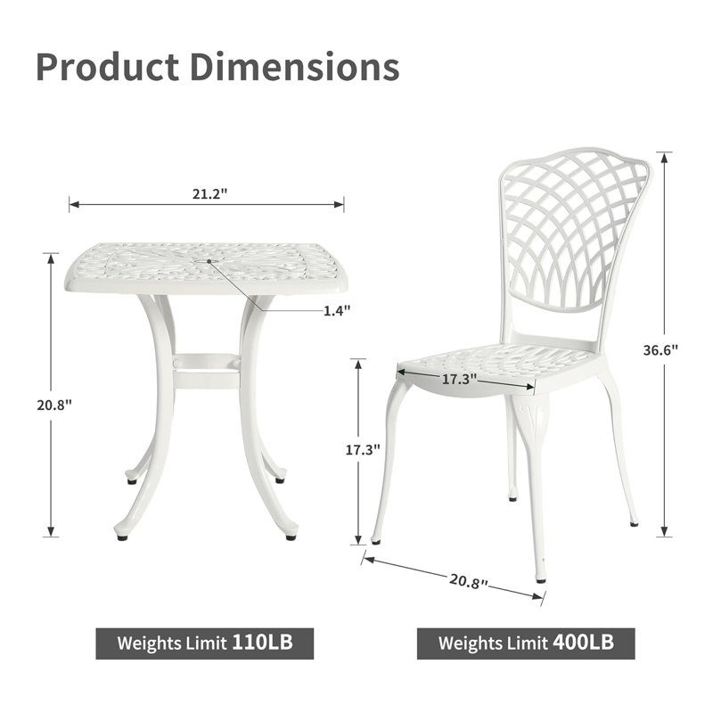 2 - Person Metal Patio Dining Set with Square Table, White
