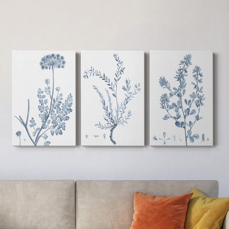 " Antique Botanical In Blue V " 3 - Pieces Painting Print, 27" H x 48" W x 1" D