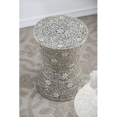 D14x19 Tapered Garden Capiz Stool, Stylish Accent Side Table with Inlay Design for Indoor Use