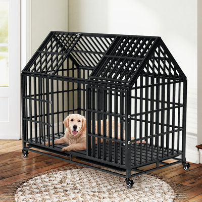 Cage pour chien noire robuste de 52 pouces avec toit à installation rapide, espace de confort, roulettes, plateau de rangement, serrure de sécurité améliorée pour composant de toit fonctionnel intérieur, cadre en fer, spacieux