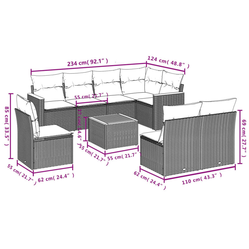 Ensemble de canapé de patio 9 pièces avec coussins en rotin de polyester, Gris, Marine