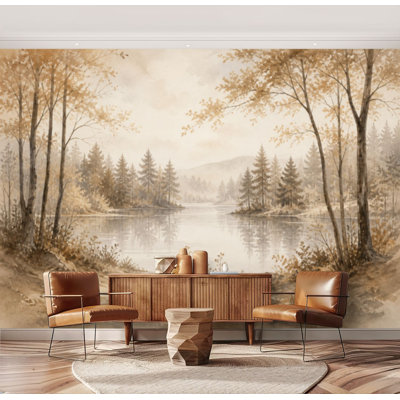 Wall Mural Peel and Stick Misty Forest Landscape lake Reflective Soft Neutral Tones Trees Large Wallpaper Self-Adhesive Removable Contact Paper Wall Decor for Living Room Bedroom Nursery 69"H x 96"W