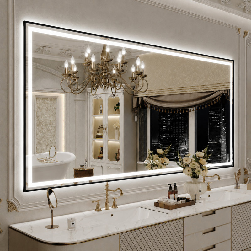 Adorna UL Certified Dimmable Framed LED Bathroom Mirror with 3-Color Lighting, Anti-Fog, 72" x 32"