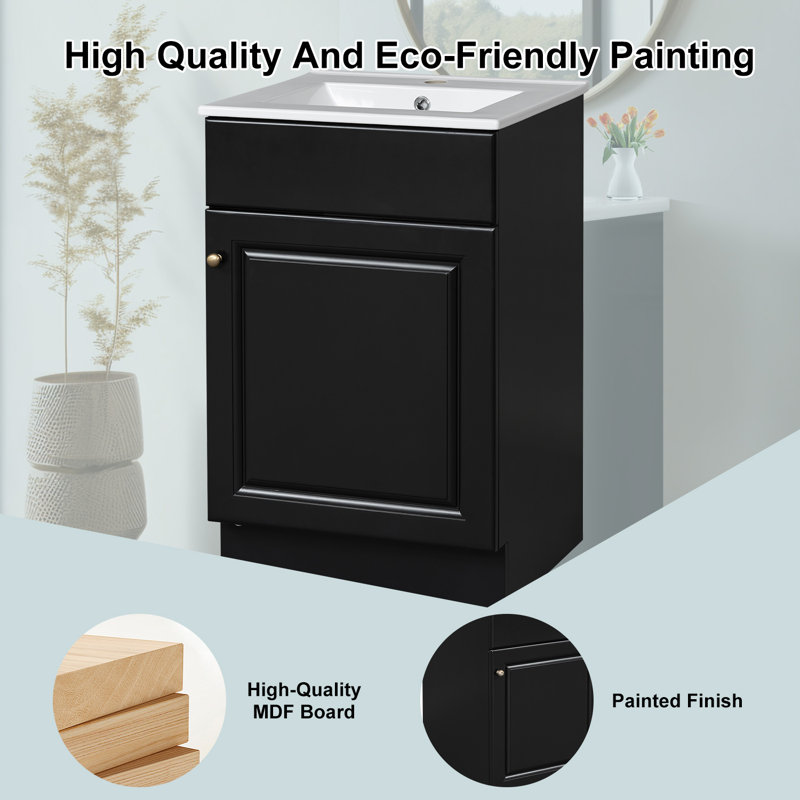 Meuble-lavabo de 20 po avec lavabo en céramique, tablette de porte et tablette réglable, Noir