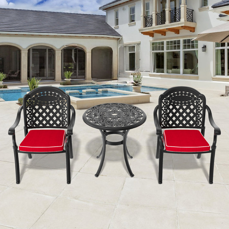 Ensemble de 3 meubles de patio en aluminium coulé avec cadre noir et coussins de siège rouges, 3 pièces: table, 2 chaises
