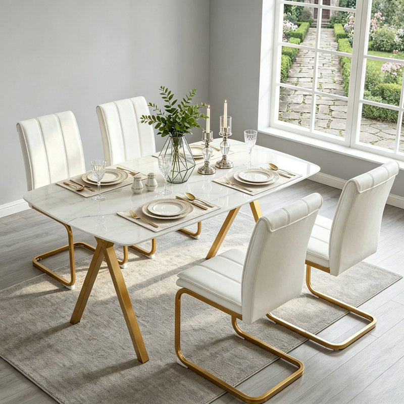 Table de salle à manger rectangulaire avec un plateau en verre trempé avec un motif en marbre et des pieds en métal doré, idéal pour les repas au restaurant.