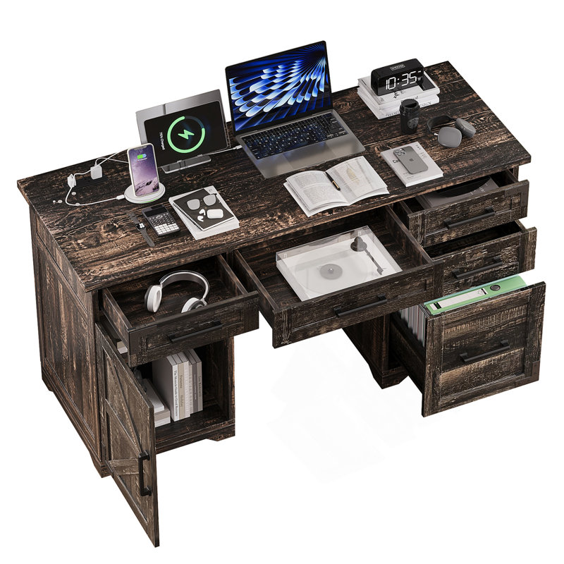 Bureau de direction de style champêtre avec station de recharge, tiroir à dossiers suspendus et armoire ajustable