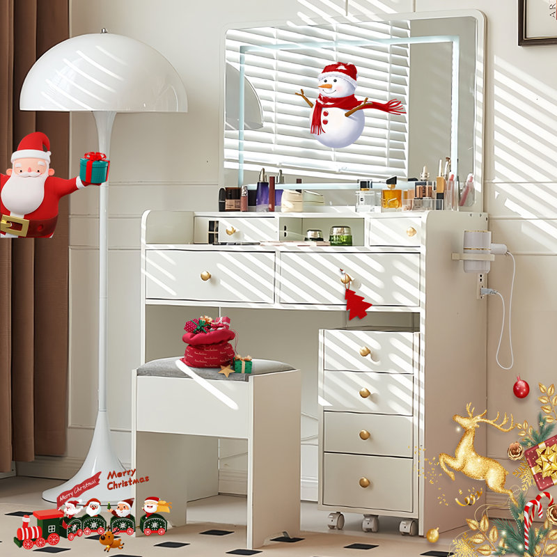 Bureau de meuble-lavabo avec miroir lumineux et ensemble de meuble-lavabo et 3 modes d'éclairage avec contrôle de la luminosité et pour la chambre à coucher, blanc